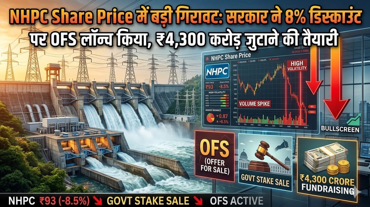 NHPC Share Price में बड़ी गिरावट: सरकार ने 8% डिस्काउंट पर OFS लॉन्च किया, ₹4,300 करोड़ जुटाने की तैयारी