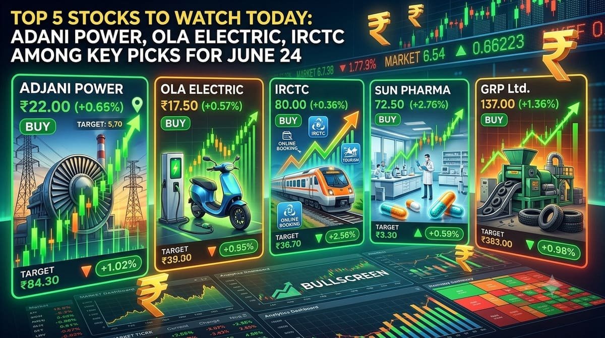 Top 5 Stocks to Watch Today: Adani Power, Ola Electric, IRCTC Among Key Picks for June 24